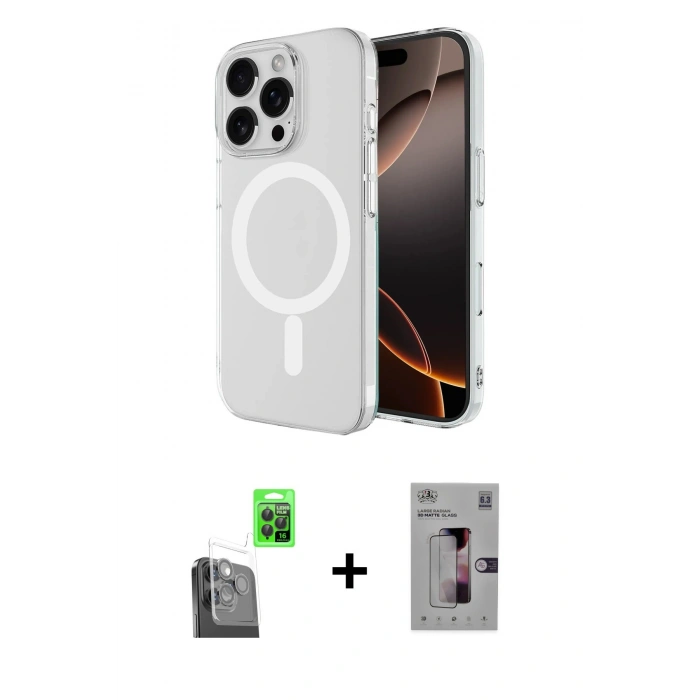 MARSİLYAN™- iPhone 16 Pro Kılıf Ahenk Yansıma Prime - Siyah Bilvis 3D Mat Cam Ekran Koruyucu + Raze Metal Kamera Lens - SH