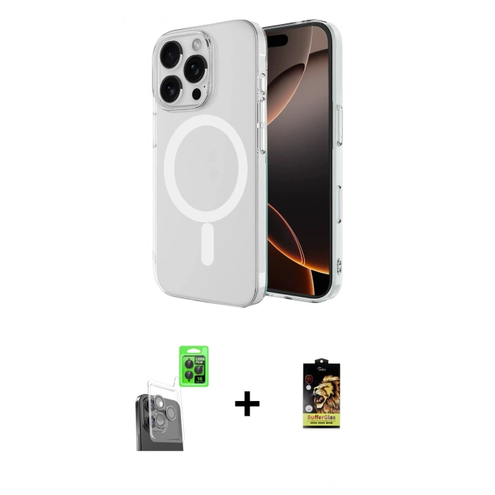 MARSİLYAN™- iPhone 16 Pro Kılıf Ahenk Yansıma Prime - Siyah Buffer Cam Ekran Koruyucu + Raze Metal Kamera Lens - SH