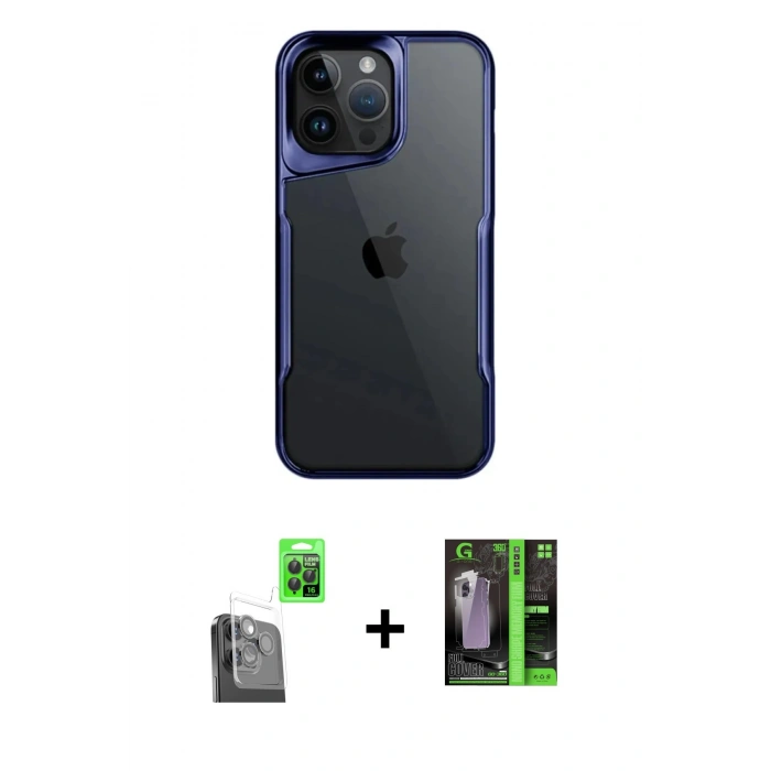 MARSİLYAN™- iPhone 16 Pro Kılıf Akış Çizgi Koleksiyonu - Şeffaf 360 Full Body Arka Koruyucu + Siyah Raze Metal Kamera Lens