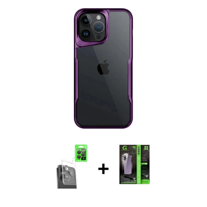 MARSİLYAN™- iPhone 16 Pro Kılıf Akış Çizgi Koleksiyonu - Şeffaf 360 Full Body Arka Koruyucu + Siyah Raze Metal Kamera Lens