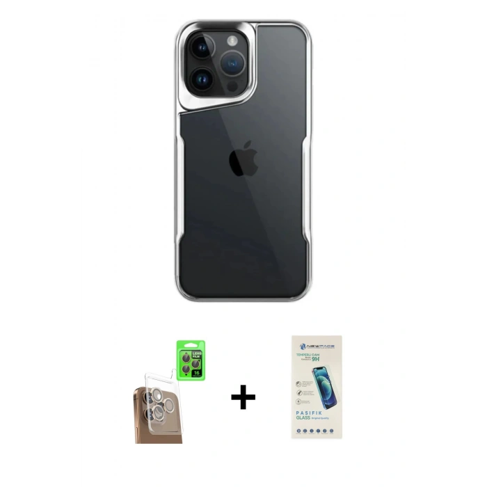 MARSİLYAN™- iPhone 16 Pro Kılıf Akış Çizgi Koleksiyonu - Şeffaf Pasifik Cam Ekran Koruyucu + Raze Metal Kamera Lens - CLTM