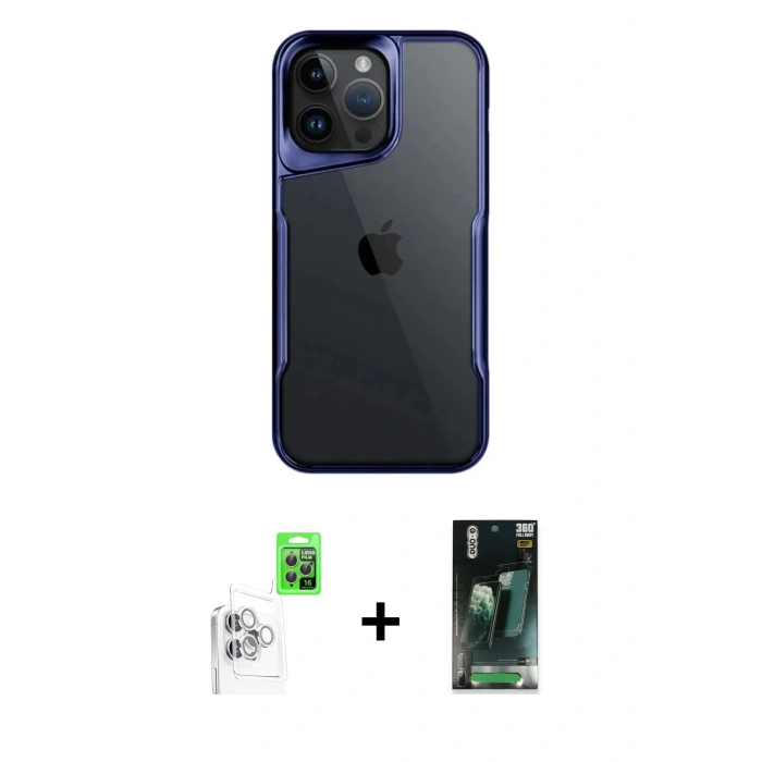 MARSİLYAN™- iPhone 16 Pro Kılıf Akış Çizgi Koleksiyonu - Siyah 360 Mat Full Body Arka Koruyucu + Raze Metal Kamera Lens - BZ