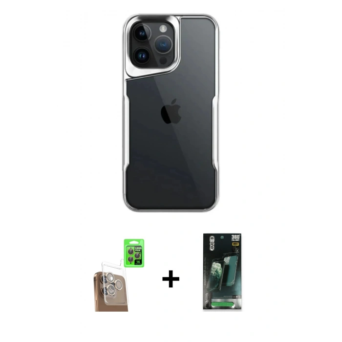MARSİLYAN™- iPhone 16 Pro Kılıf Akış Çizgi Koleksiyonu - Siyah 360 Mat Full Body Arka Koruyucu + Raze Metal Kamera Lens - CLTM