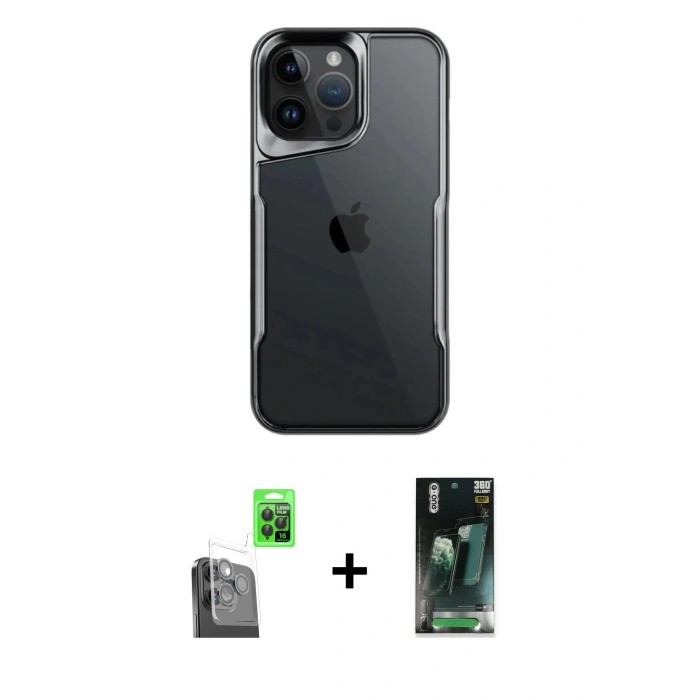 MARSİLYAN™- iPhone 16 Pro Kılıf Akış Çizgi Koleksiyonu - Siyah 360 Mat Full Body Arka Koruyucu + Raze Metal Kamera Lens - SH