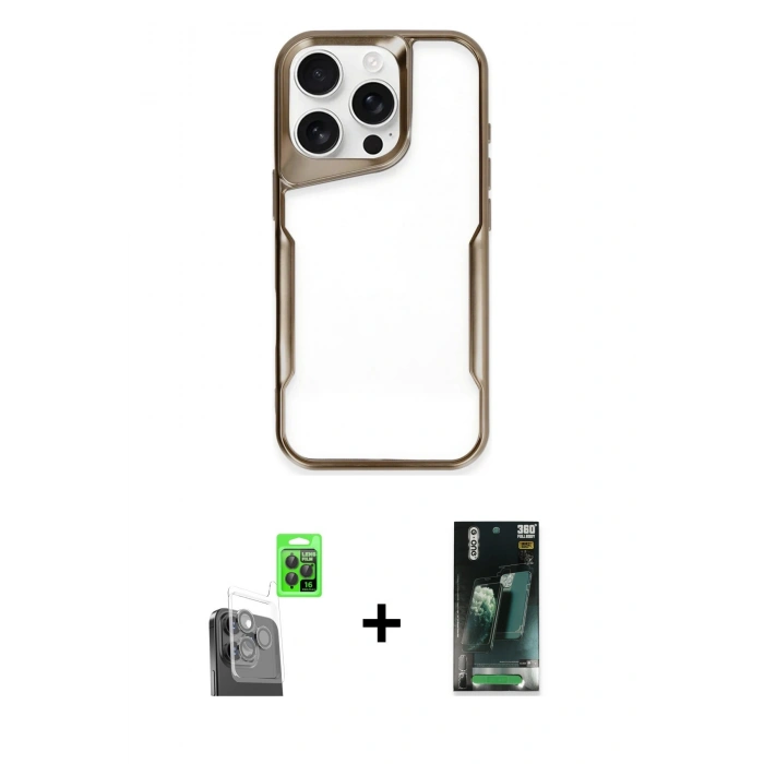 MARSİLYAN™- iPhone 16 Pro Kılıf Akış Çizgi Koleksiyonu - Siyah 360 Mat Full Body Arka Koruyucu + Raze Metal Kamera Lens - SH