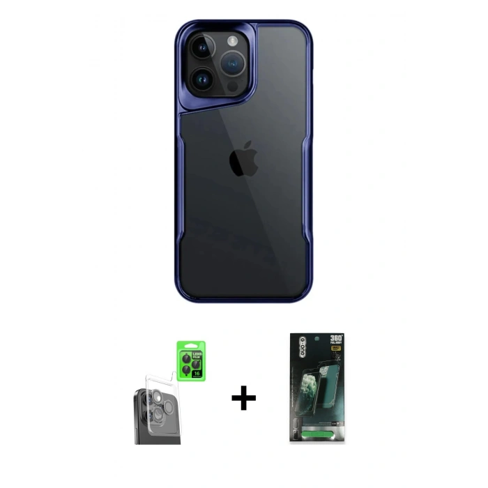 MARSİLYAN™- iPhone 16 Pro Kılıf Akış Çizgi Koleksiyonu - Siyah 360 Mat Full Body Arka Koruyucu + Raze Metal Kamera Lens - SH