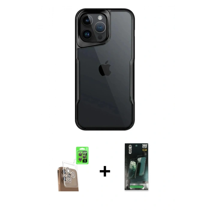 MARSİLYAN™- iPhone 16 Pro Kılıf Akış Çizgi Koleksiyonu - Siyah 360 Mat Full Body Arka Koruyucu + Raze Metal Kamera Lens - CLTM