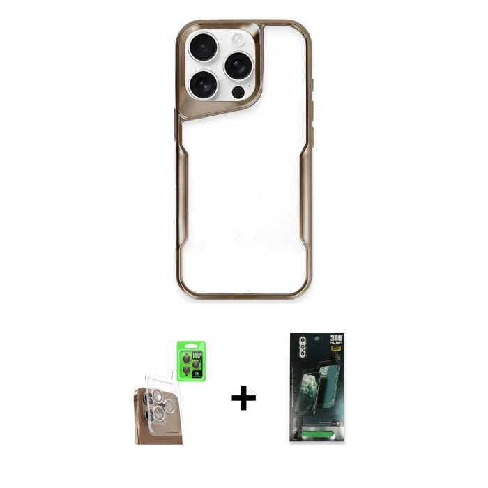 MARSİLYAN™- iPhone 16 Pro Kılıf Akış Çizgi Koleksiyonu - Siyah 360 Mat Full Body Arka Koruyucu + Raze Metal Kamera Lens - CLTM