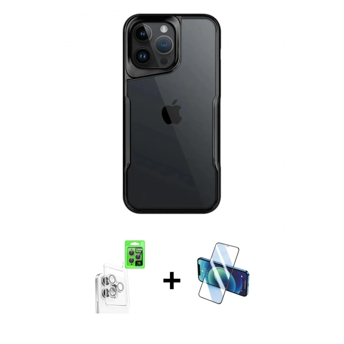 MARSİLYAN™- iPhone 16 Pro Kılıf Akış Çizgi Koleksiyonu - Siyah 3D Antistatik Cam Ekran Koruyucu + Raze Metal Kamera Lens - BZ