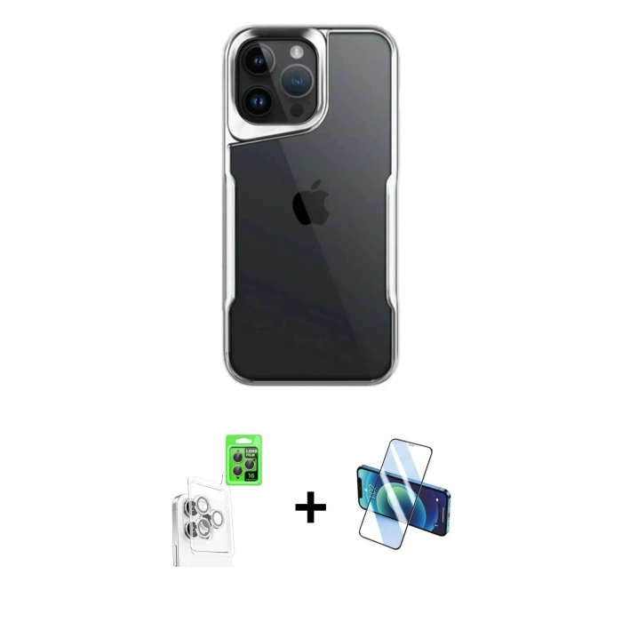 MARSİLYAN™- iPhone 16 Pro Kılıf Akış Çizgi Koleksiyonu - Siyah 3D Antistatik Cam Ekran Koruyucu + Raze Metal Kamera Lens - BZ