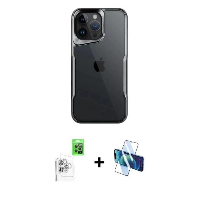 MARSİLYAN™- iPhone 16 Pro Kılıf Akış Çizgi Koleksiyonu - Siyah 3D Antistatik Cam Ekran Koruyucu + Raze Metal Kamera Lens - BZ