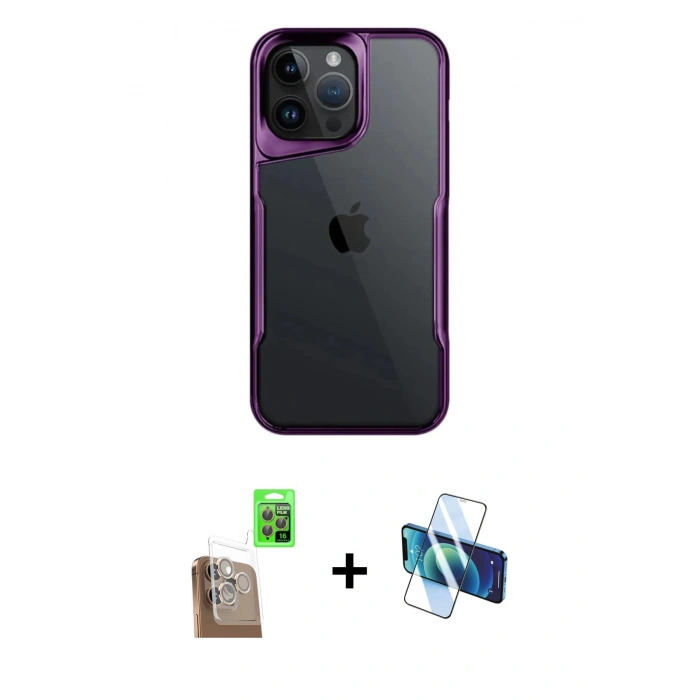 MARSİLYAN™- iPhone 16 Pro Kılıf Akış Çizgi Koleksiyonu - Siyah 3D Antistatik Cam Ekran Koruyucu + Raze Metal Kamera Lens - CLTM