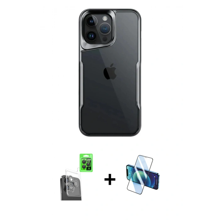 MARSİLYAN™- iPhone 16 Pro Kılıf Akış Çizgi Koleksiyonu - Siyah 3D Antistatik Cam Ekran Koruyucu + Siyah Raze Metal Kamera Lens