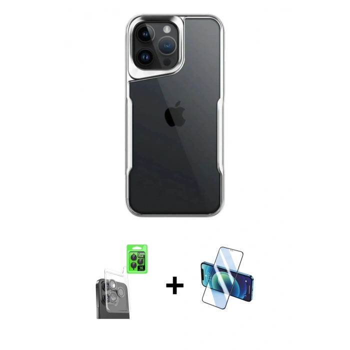 MARSİLYAN™- iPhone 16 Pro Kılıf Akış Çizgi Koleksiyonu - Siyah 3D Antistatik Cam Ekran Koruyucu + Siyah Raze Metal Kamera Lens