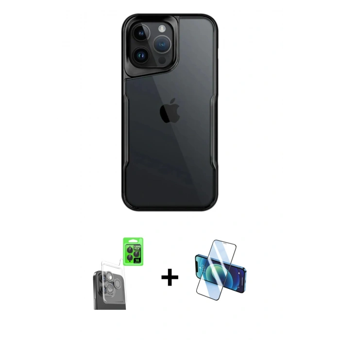 MARSİLYAN™- iPhone 16 Pro Kılıf Akış Çizgi Koleksiyonu - Siyah 3D Antistatik Cam Ekran Koruyucu + Siyah Raze Metal Kamera Lens