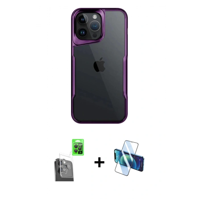 MARSİLYAN™- iPhone 16 Pro Kılıf Akış Çizgi Koleksiyonu - Siyah 3D Antistatik Cam Ekran Koruyucu + Siyah Raze Metal Kamera Lens