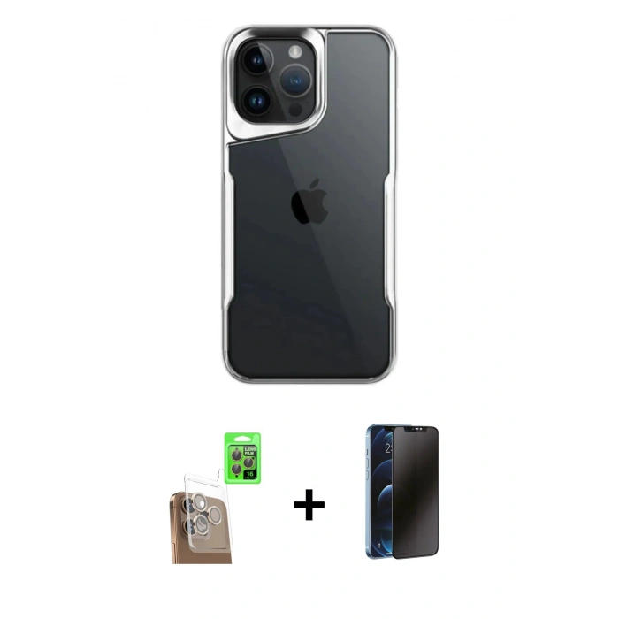 MARSİLYAN™- iPhone 16 Pro Kılıf Akış Çizgi Koleksiyonu - Siyah 3D Antistatik Hayalet Cam Ekran Koruyucu + Raze Metal Kamera Lens - CLTM