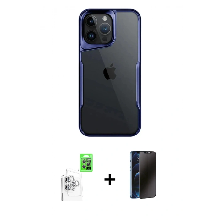 MARSİLYAN™- iPhone 16 Pro Kılıf Akış Çizgi Koleksiyonu - Siyah 3D Antistatik Hayalet Cam Ekran Koruyucu + Raze Metal Kamera Lens - BZ