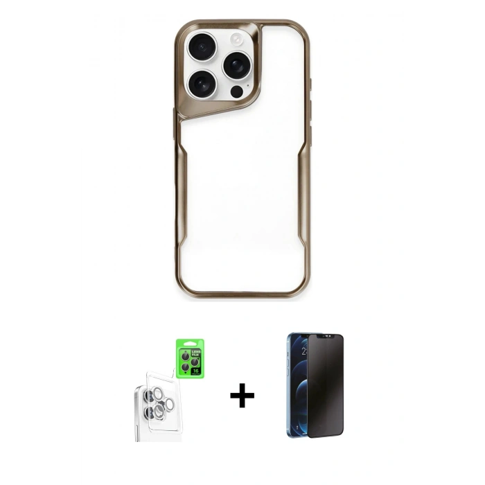 MARSİLYAN™- iPhone 16 Pro Kılıf Akış Çizgi Koleksiyonu - Siyah 3D Antistatik Hayalet Cam Ekran Koruyucu + Raze Metal Kamera Lens - BZ