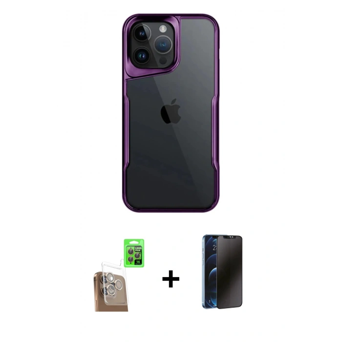 MARSİLYAN™- iPhone 16 Pro Kılıf Akış Çizgi Koleksiyonu - Siyah 3D Antistatik Hayalet Cam Ekran Koruyucu + Raze Metal Kamera Lens - CLTM