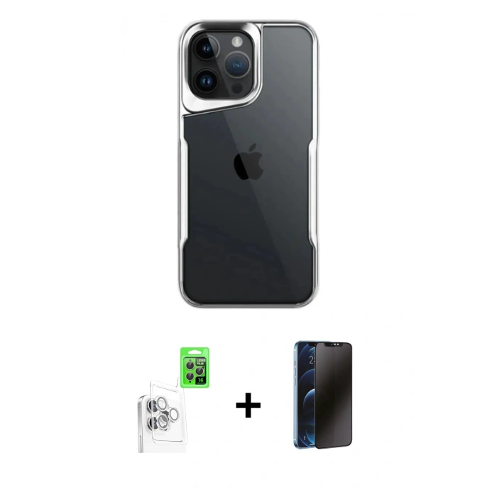 MARSİLYAN™- iPhone 16 Pro Kılıf Akış Çizgi Koleksiyonu - Siyah 3D Antistatik Hayalet Cam Ekran Koruyucu + Raze Metal Kamera Lens - BZ