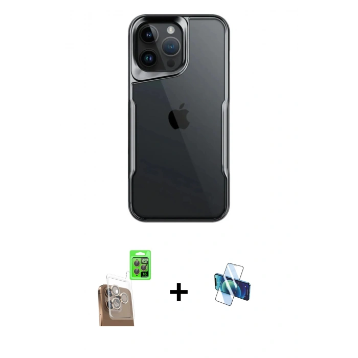 MARSİLYAN™- iPhone 16 Pro Kılıf Akış Çizgi Koleksiyonu - Siyah 3D Antistatik Seramik Nano Ekran Koruyucu + Raze Metal Kamera Lens - CLTM