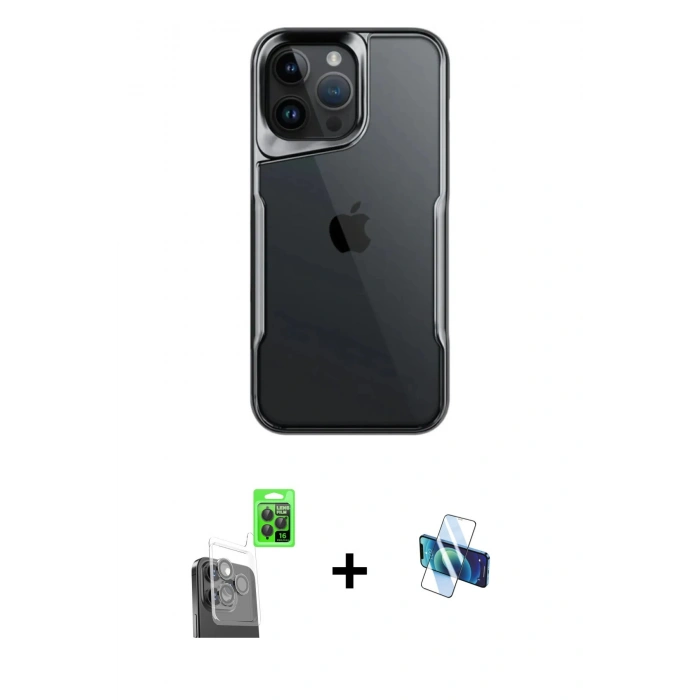 MARSİLYAN™- iPhone 16 Pro Kılıf Akış Çizgi Koleksiyonu - Siyah 3D Antistatik Seramik Nano Ekran Koruyucu + Raze Metal Kamera Lens - SH