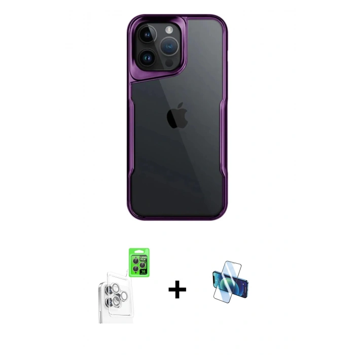 MARSİLYAN™- iPhone 16 Pro Kılıf Akış Çizgi Koleksiyonu - Siyah 3D Antistatik Seramik Nano Ekran Koruyucu + Raze Metal Kamera Lens - BZ