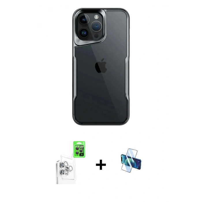 MARSİLYAN™- iPhone 16 Pro Kılıf Akış Çizgi Koleksiyonu - Siyah 3D Antistatik Seramik Nano Ekran Koruyucu + Raze Metal Kamera Lens - BZ
