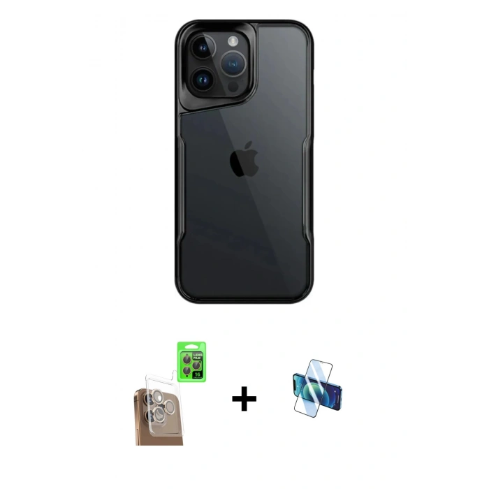 MARSİLYAN™- iPhone 16 Pro Kılıf Akış Çizgi Koleksiyonu - Siyah 3D Antistatik Seramik Nano Ekran Koruyucu + Raze Metal Kamera Lens - CLTM
