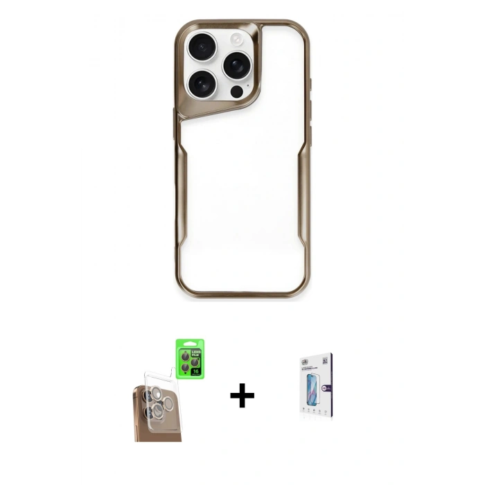 MARSİLYAN™- iPhone 16 Pro Kılıf Akış Çizgi Koleksiyonu - Siyah Bilvis 0.18mm Plus Cam Ekran Koruyucu + Raze Metal Kamera Lens - CLTM
