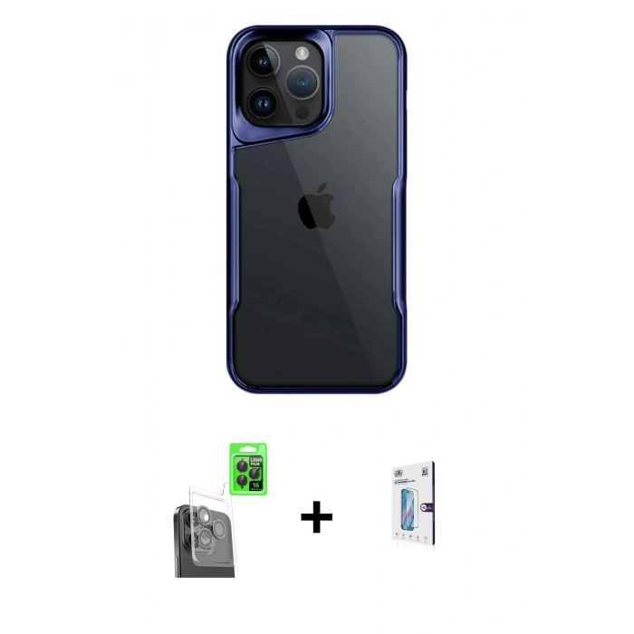 MARSİLYAN™- iPhone 16 Pro Kılıf Akış Çizgi Koleksiyonu - Siyah Bilvis 0.18mm Plus Cam Ekran Koruyucu + Raze Metal Kamera Lens - SH