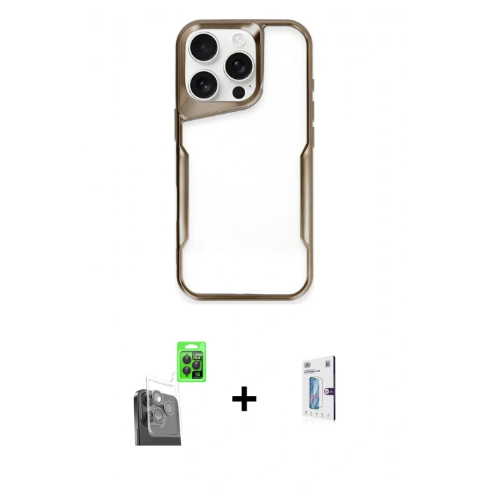 MARSİLYAN™- iPhone 16 Pro Kılıf Akış Çizgi Koleksiyonu - Siyah Bilvis 0.18mm Plus Cam Ekran Koruyucu + Raze Metal Kamera Lens - SH