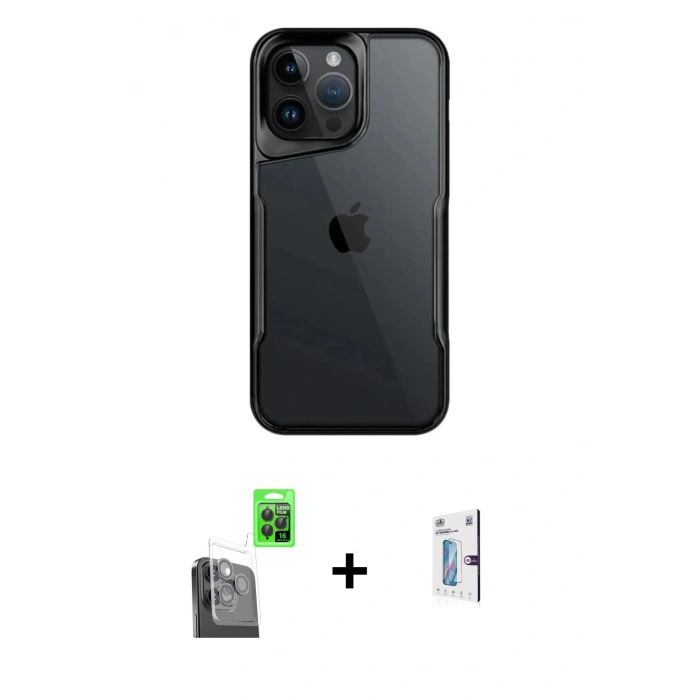 MARSİLYAN™- iPhone 16 Pro Kılıf Akış Çizgi Koleksiyonu - Siyah Bilvis 0.18mm Plus Cam Ekran Koruyucu + Raze Metal Kamera Lens - SH
