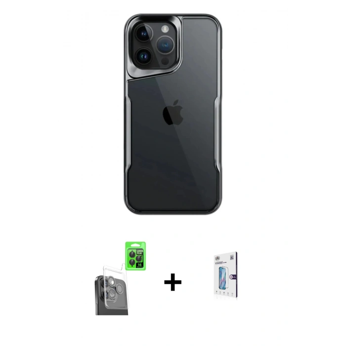 MARSİLYAN™- iPhone 16 Pro Kılıf Akış Çizgi Koleksiyonu - Siyah Bilvis 0.18mm Plus Cam Ekran Koruyucu + Raze Metal Kamera Lens - SH