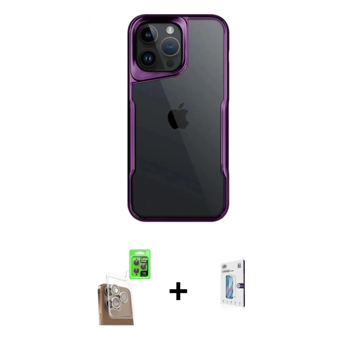 MARSİLYAN™- iPhone 16 Pro Kılıf Akış Çizgi Koleksiyonu - Siyah Bilvis 0.18mm Plus Cam Ekran Koruyucu + Raze Metal Kamera Lens - CLTM