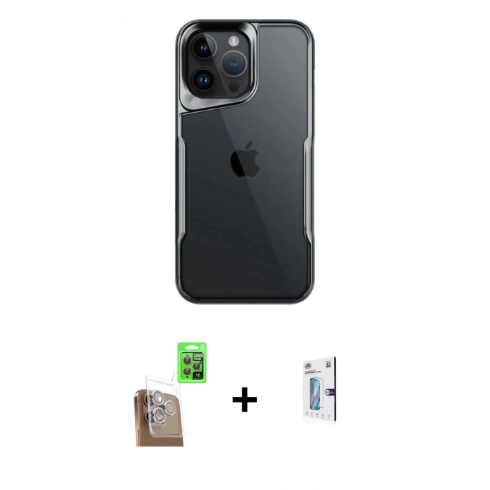 MARSİLYAN™- iPhone 16 Pro Kılıf Akış Çizgi Koleksiyonu - Siyah Bilvis 0.18mm Plus Cam Ekran Koruyucu + Raze Metal Kamera Lens - CLTM