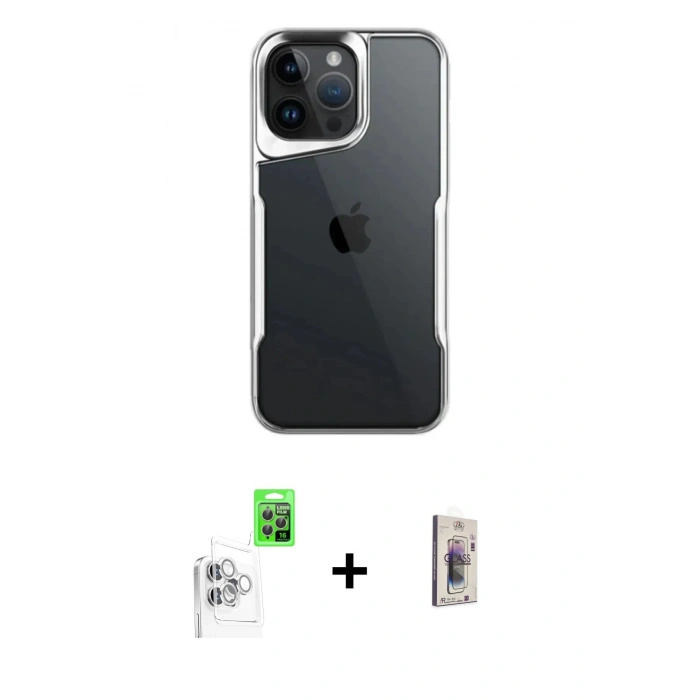 MARSİLYAN™- iPhone 16 Pro Kılıf Akış Çizgi Koleksiyonu - Siyah Bilvis 3D Cam Ekran Koruyucu + Raze Metal Kamera Lens - BZ