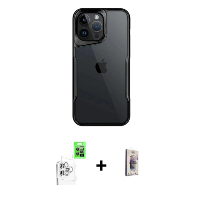 MARSİLYAN™- iPhone 16 Pro Kılıf Akış Çizgi Koleksiyonu - Siyah Bilvis 3D Cam Ekran Koruyucu + Raze Metal Kamera Lens - BZ