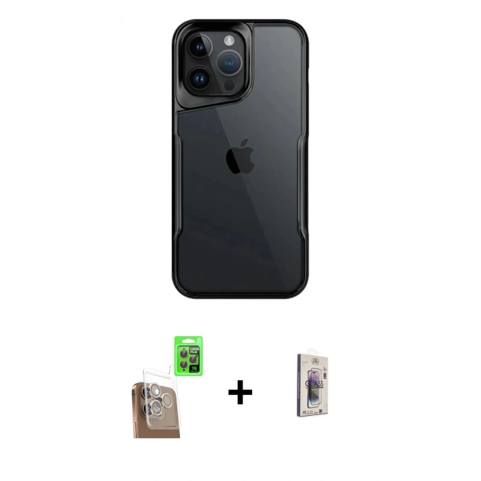 MARSİLYAN™- iPhone 16 Pro Kılıf Akış Çizgi Koleksiyonu - Siyah Bilvis 3D Cam Ekran Koruyucu + Çöl Titanyum Raze Metal Kamera Lens