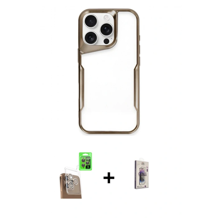 MARSİLYAN™- iPhone 16 Pro Kılıf Akış Çizgi Koleksiyonu - Siyah Bilvis 3D Cam Ekran Koruyucu + Çöl Titanyum Raze Metal Kamera Lens