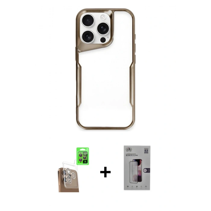 MARSİLYAN™- iPhone 16 Pro Kılıf Akış Çizgi Koleksiyonu - Siyah Bilvis 3D Mat Cam Ekran Koruyucu + Raze Metal Kamera Lens - CLTM