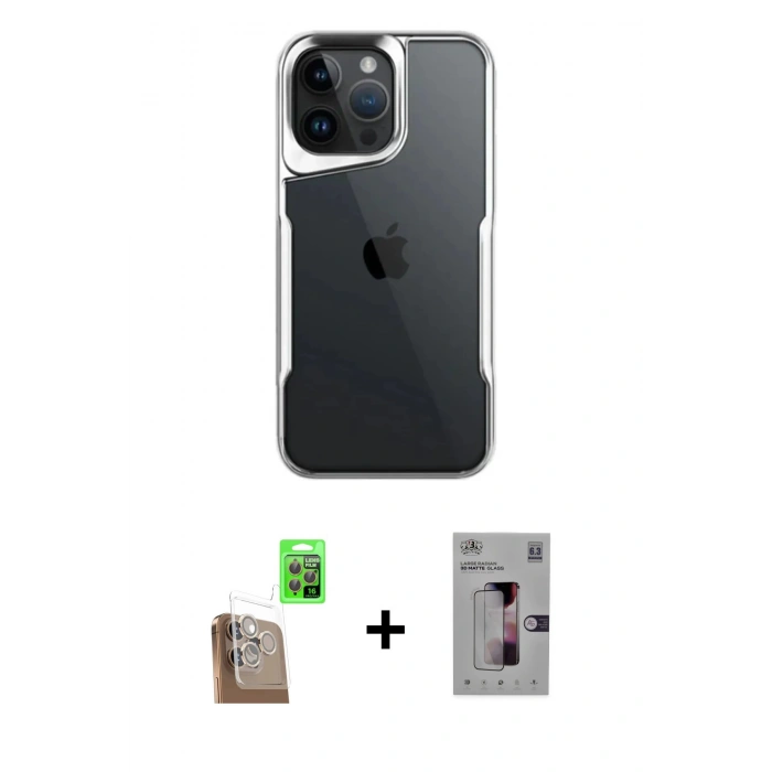 MARSİLYAN™- iPhone 16 Pro Kılıf Akış Çizgi Koleksiyonu - Siyah Bilvis 3D Mat Cam Ekran Koruyucu + Raze Metal Kamera Lens - CLTM