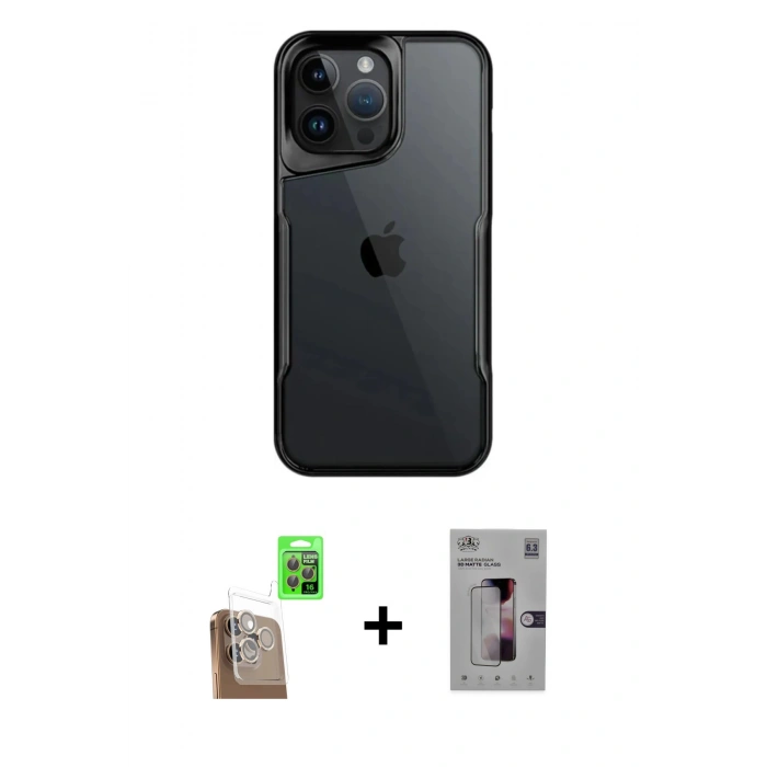 MARSİLYAN™- iPhone 16 Pro Kılıf Akış Çizgi Koleksiyonu - Siyah Bilvis 3D Mat Cam Ekran Koruyucu + Raze Metal Kamera Lens - CLTM
