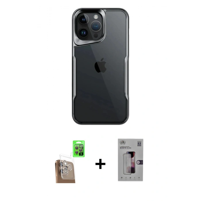 MARSİLYAN™- iPhone 16 Pro Kılıf Akış Çizgi Koleksiyonu - Siyah Bilvis 3D Mat Cam Ekran Koruyucu + Raze Metal Kamera Lens - CLTM