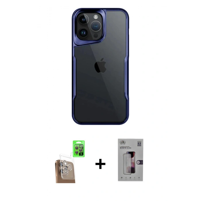 MARSİLYAN™- iPhone 16 Pro Kılıf Akış Çizgi Koleksiyonu - Siyah Bilvis 3D Mat Cam Ekran Koruyucu + Raze Metal Kamera Lens - CLTM