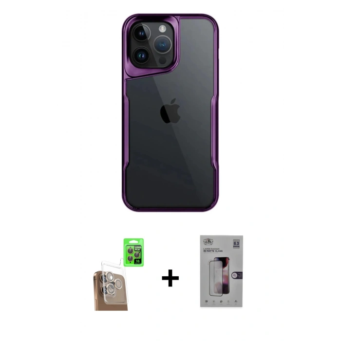 MARSİLYAN™- iPhone 16 Pro Kılıf Akış Çizgi Koleksiyonu - Siyah Bilvis 3D Mat Cam Ekran Koruyucu + Raze Metal Kamera Lens - CLTM