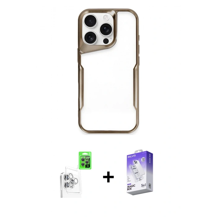 MARSİLYAN™- iPhone 16 Pro Kılıf Akış Çizgi Koleksiyonu - Siyah Bilvis 5in1 3D Magic Cam Ekran Koruyucu + Raze Metal Kamera Lens - BZ