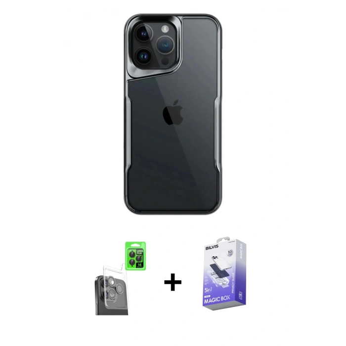 MARSİLYAN™- iPhone 16 Pro Kılıf Akış Çizgi Koleksiyonu - Siyah Bilvis 5in1 5D Magic Hayalet Cam Ekran Koruyucu + Siyah Raze Metal Kamera Lens
