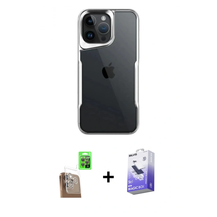MARSİLYAN™- iPhone 16 Pro Kılıf Akış Çizgi Koleksiyonu - Siyah Bilvis 5in1 5D Magic Hayalet Cam Ekran Koruyucu + Raze Metal Kamera Lens - CLTM